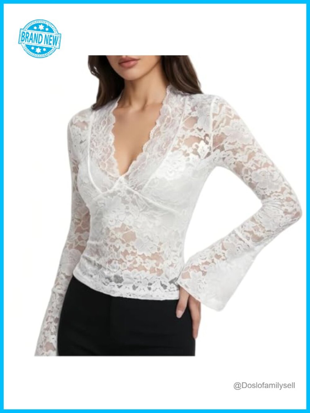Sheer Lace Mesh Blouse V-Neck Long Sleeve Waist Slimming Top